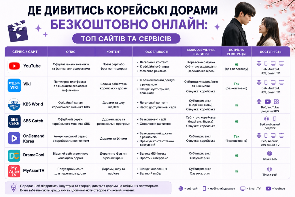 Порівняльна таблиця платформ для перегляду корейських дорам безкоштовно — YouTube, Viki, KBS World, SBS Catch, OnDemand Korea, DramaCool та MyAsianTV з описом контенту, субтитрів та доступності