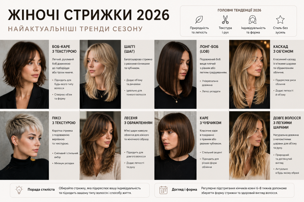 Інфографіка з восьмома модними жіночими стрижками 2026 року: боб-каре, шаггі, лонг-боб, піксі, каскад та інші