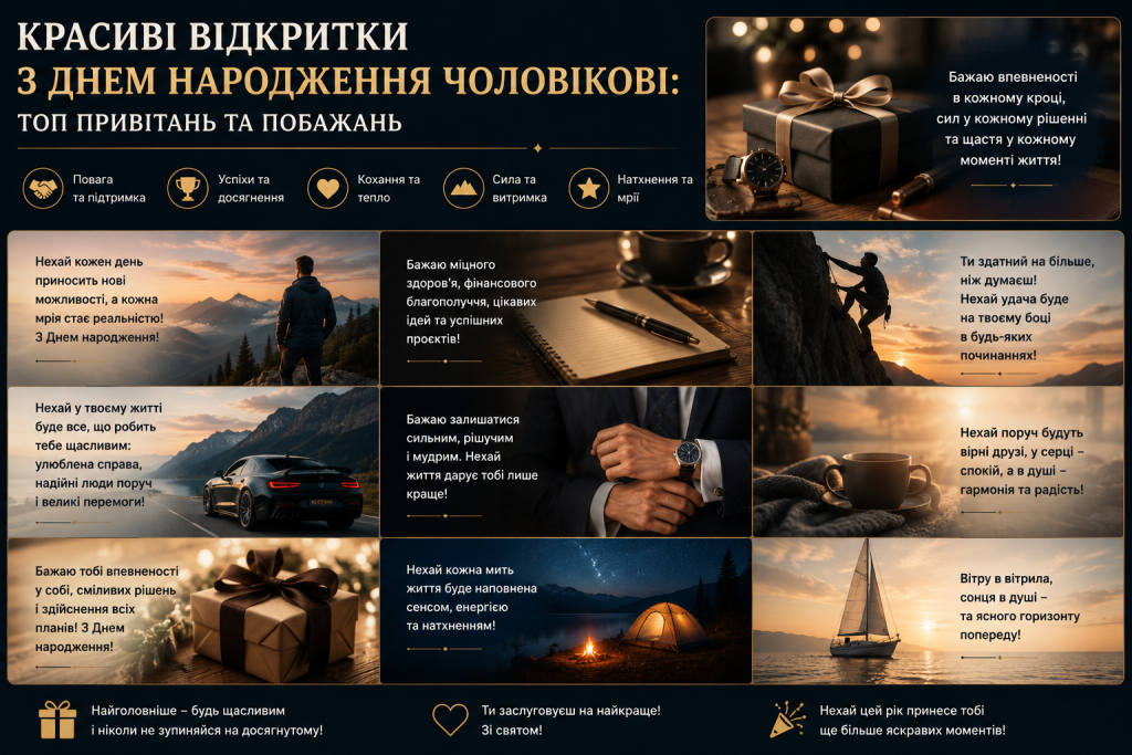 Інфографіка з дев'ятьма привітаннями та побажаннями на День народження чоловікові на темному стильному фоні