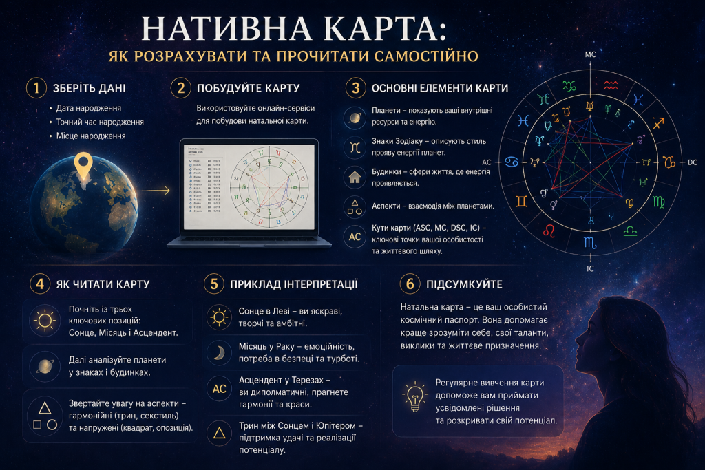 Інфографіка з покроковою інструкцією побудови та інтерпретації натальної карти з поясненням планет, знаків та будинків