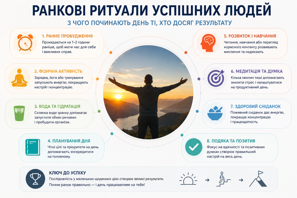 Інфографіка: 8 ранкових ритуалів успішних людей — раннє пробудження, фізична активність, вода, планування, навчання, медитація, сніданок та позитивне мислення