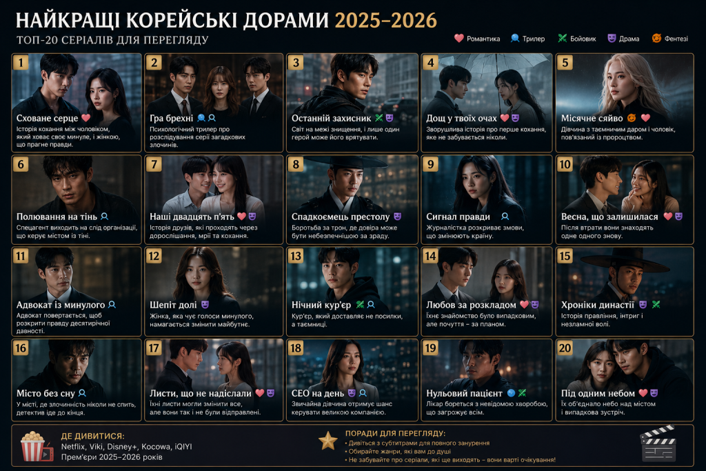 Інфографіка з топ-20 найкращих корейських дорам 2025–2026 років з описами та жанрами