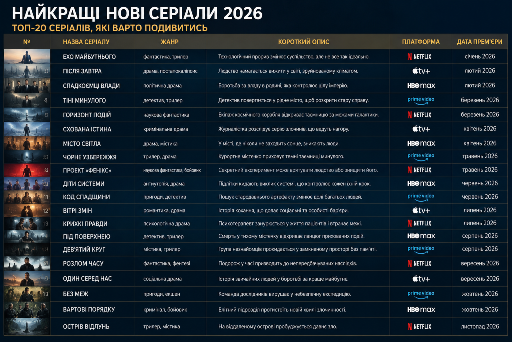 Таблиця з топ-20 нових серіалів 2026 року з назвами, жанрами, коротким описом, платформою та датою прем'єри на Netflix, Apple TV+, HBO Max та Prime Video