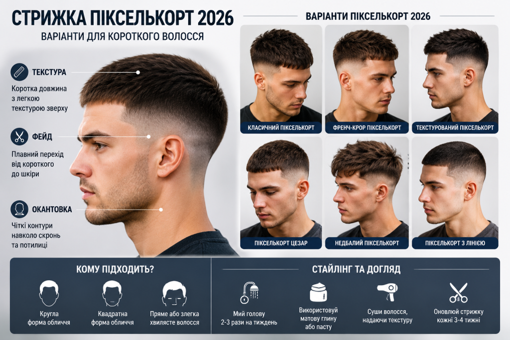 Інфографіка з 6 варіантами чоловічої стрижки пікселькорт: класичний, френч-кроп, текстурований, цезар, недбалий та з лінією, з порадами щодо стайлінгу