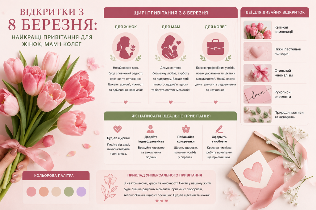 Інфографіка з привітаннями на 8 березня для жінок, мам і колег, порадами як написати ідеальне привітання та ідеями дизайну листівок у рожевих тонах