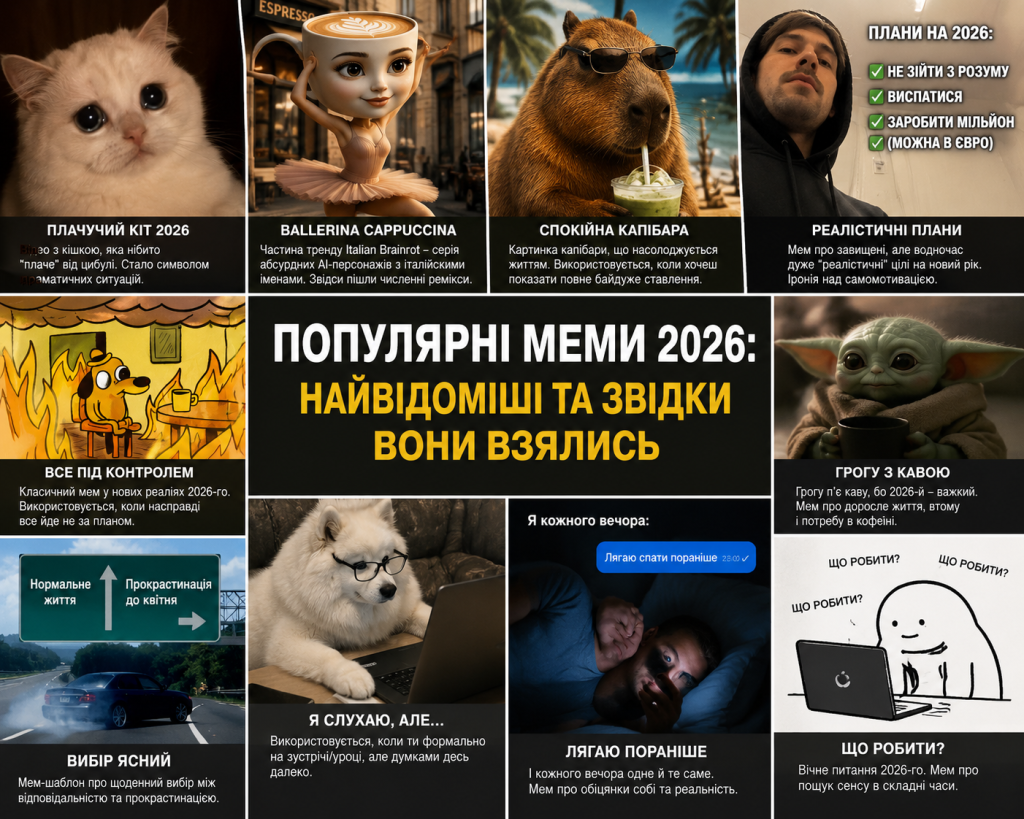 Колаж з дев'яти популярних мемів 2026 року — плачучий кіт, капібара, Ballerina Cappuccina, Грогу з кавою та інші, з поясненнями їхнього походження та значення