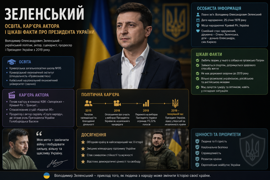 Інфографіка про Володимира Зеленського: освіта, акторська та політична кар'єра, особиста інформація, досягнення та цінності