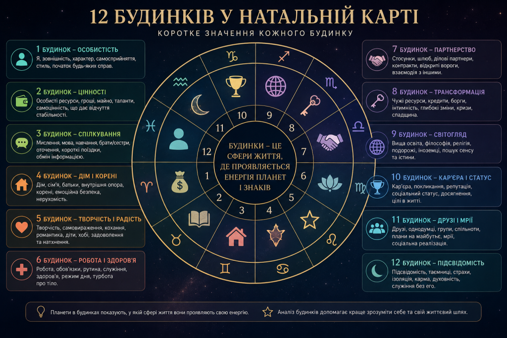 Інфографіка з колом натальної карти та описом усіх 12 астрологічних будинків — від особистості та цінностей до підсвідомості та партнерства
