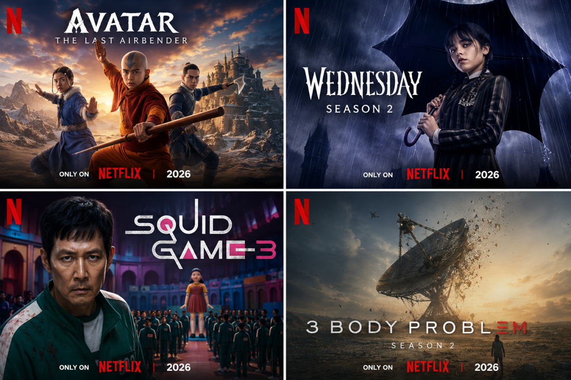 Постери чотирьох очікуваних серіалів Netflix 2026 — Аватар, Венсдей, Гра в кальмара, 3 Body Problem