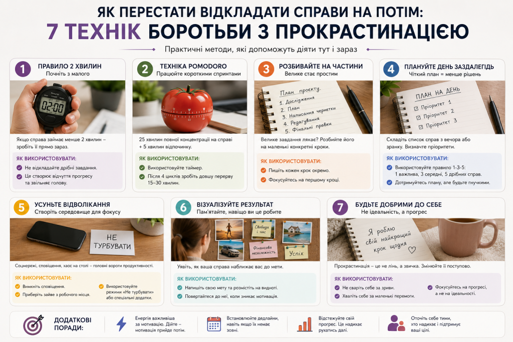 Інфографіка з практичними техніками, як перестати відкладати справи на потім
