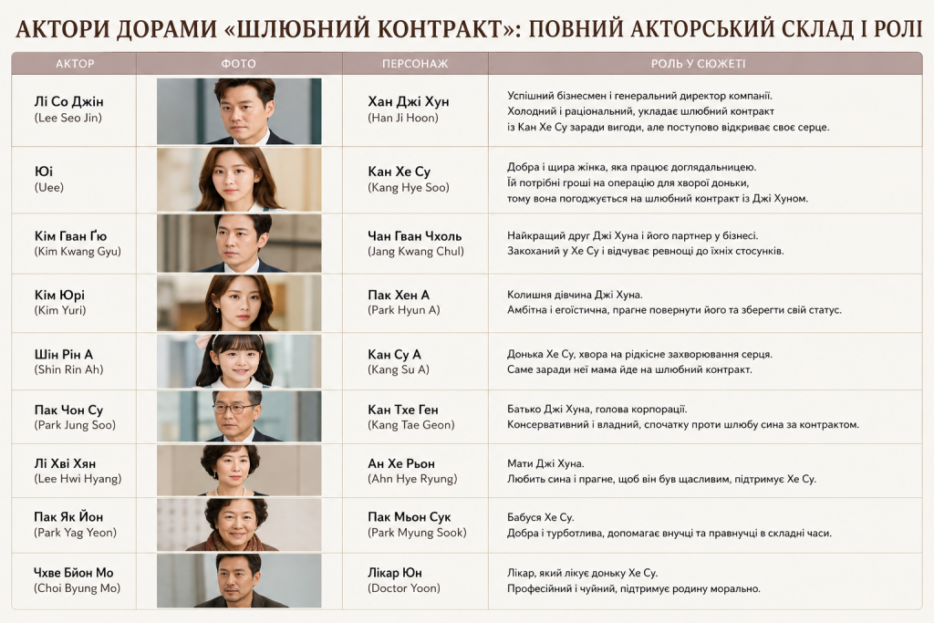 Таблиця з акторським складом корейської дорами «Шлюбний контракт» — фото акторів, імена персонажів та опис їхніх ролей у сюжеті