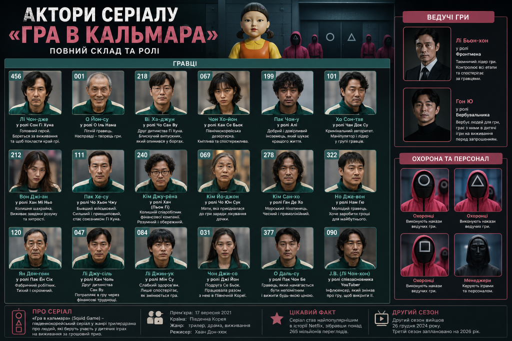 Інфографіка з головними акторами серіалу «Гра в кальмара», персонажами та описом ролей