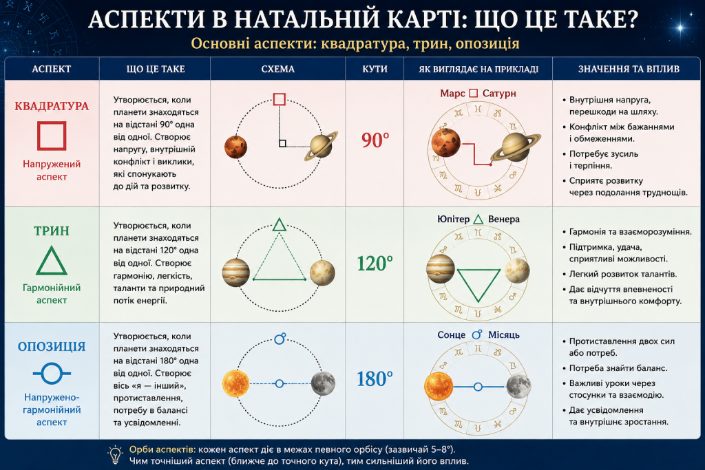 Інфографіка з поясненням основних аспектів у натальній карті, їхніх кутів та значення.