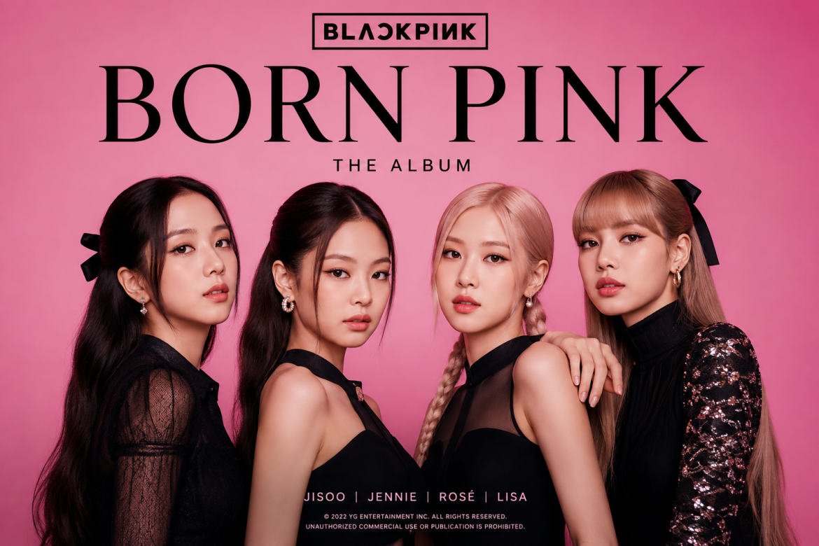 Офіційний постер альбому Born Pink гурту BLACKPINK: Джісу, Дженні, Розе та Ліса в чорних вбраннях на рожевому фоні