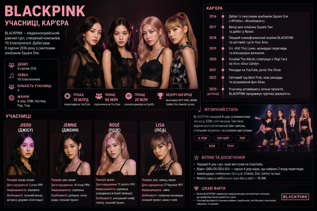 Інфографіка про гурт BLACKPINK з описом учасниць Джісу, Дженні, Розе та Ліси, хронологією кар'єри з 2016 року, музичним стилем та ключовими досягненнями
