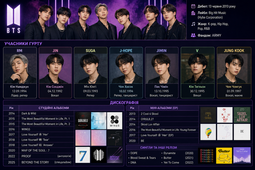 Інфографіка про K-pop гурт BTS з фото та іменами учасників, датою дебюту та повною дискографією альбомів