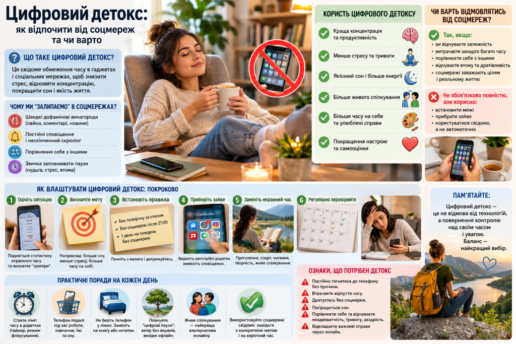 Інфографіка про цифровий детокс із поясненням, що це таке, його користь, покроковими рекомендаціями щодо обмеження використання соціальних мереж, ознаками залежності від гаджетів і практичними порадами для покращення концентрації, сну та психологічного здоров’я.
