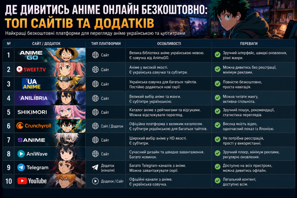 Інфографіка з популярними сайтами та мобільними додатками для безкоштовного перегляду аніме українською мовою або із субтитрами. Порівняння платформ, їхніх можливостей і переваг.