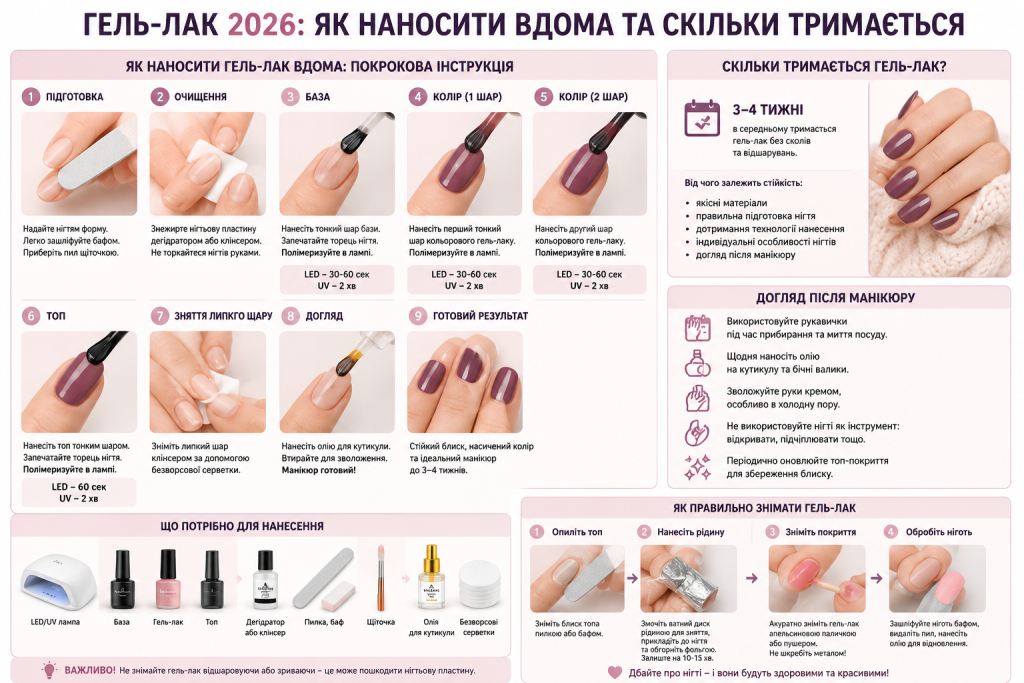 Покрокова інфографіка з нанесення гель-лаку вдома, догляду та зняття покриття