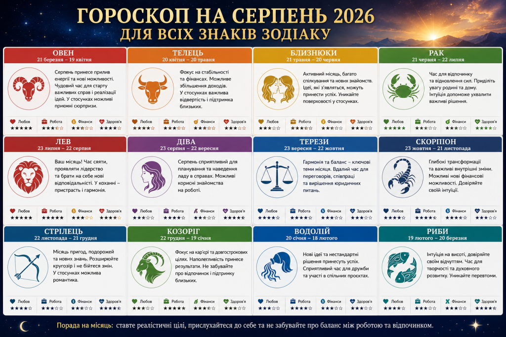 Інфографіка з гороскопом на серпень 2026 року для всіх знаків зодіаку.