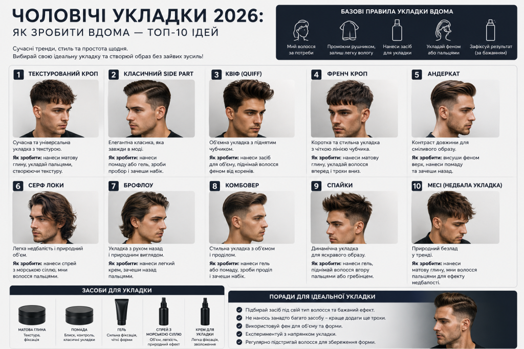 Інфографіка з десятьма модними чоловічими укладками 2026 року — від текстурованого кропу до месі — з покроковими інструкціями та описом засобів для укладки
