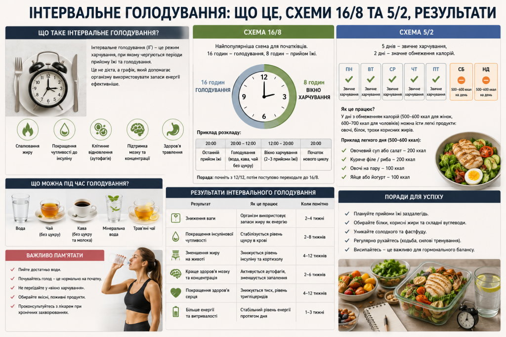 Інфографіка про інтервальне голодування з поясненням принципів, схем 16/8 і 5/2, можливих результатів, дозволених напоїв, порад для початківців та правил безпечного дотримання режиму.