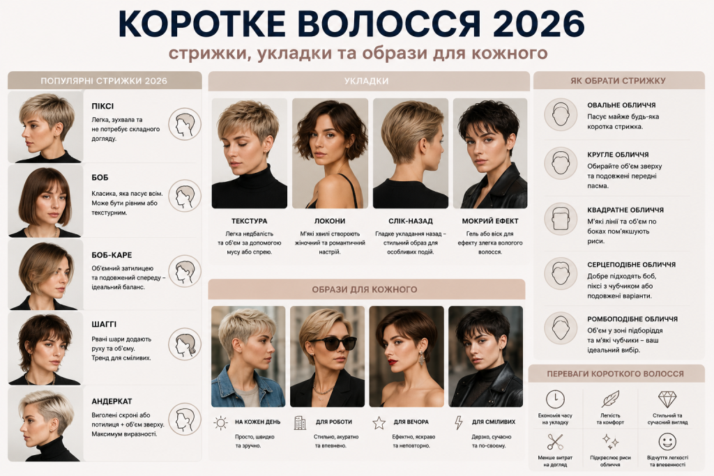 Інфографіка з популярними короткими стрижками, укладками та образами на 2026 рік