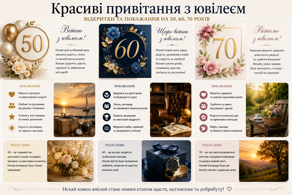 Інфографіка з листівками та побажаннями на ювілей 50, 60 та 70 років