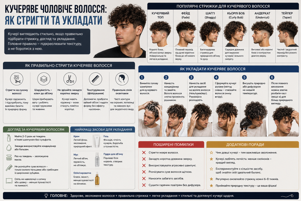 Інфографіка про стрижки, догляд і правильне укладання кучерявого чоловічого волосся.
