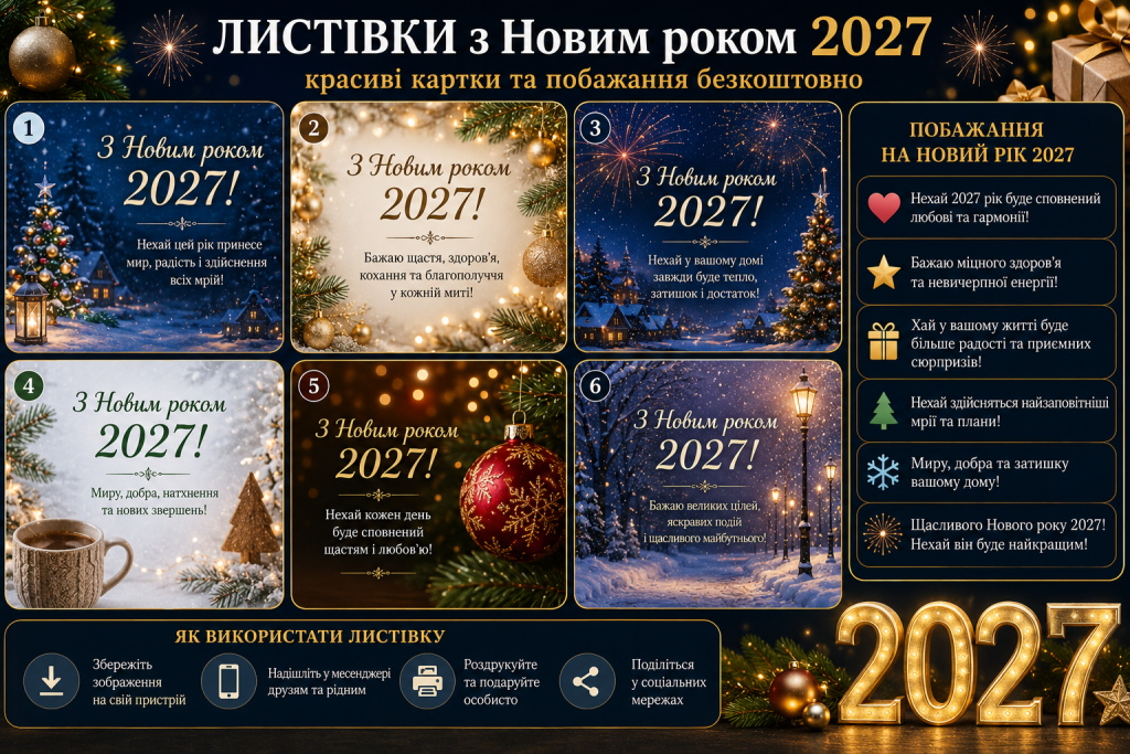 Набір новорічних листівок 2027 з побажаннями та зимовим декором