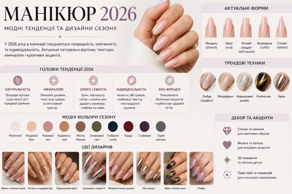 Інфографіка з модними тенденціями манікюру 2026 — форми нігтів, кольори та ідеї дизайну