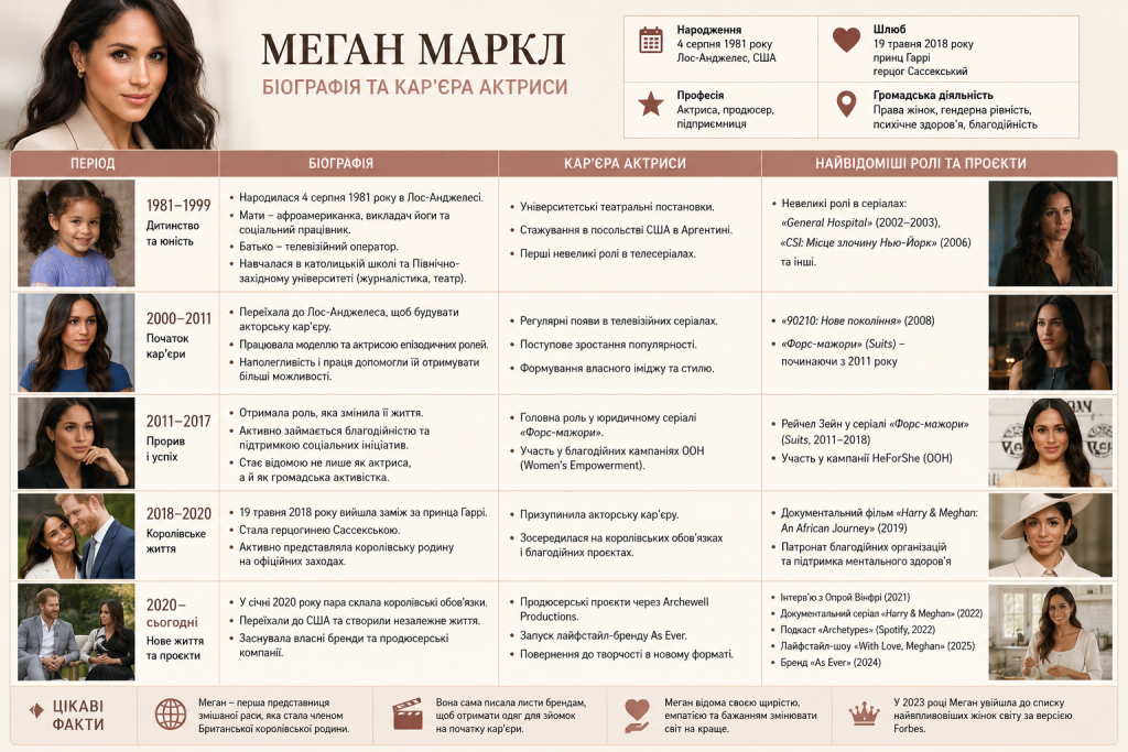 Інфографіка з хронологією життя Меган Маркл: дитинство, акторська кар'єра, шлюб з принцом Гаррі та сучасні проєкти