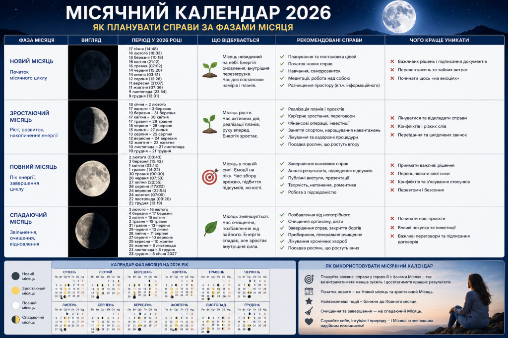 Інфографіка з місячним календарем на 2026 рік, фазами Місяця, датами та порадами для планування справ