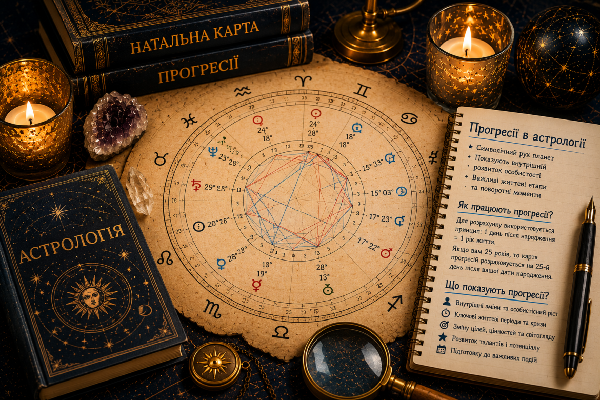 Астрологічна натальна карта з книгами, свічками та символами зодіаку