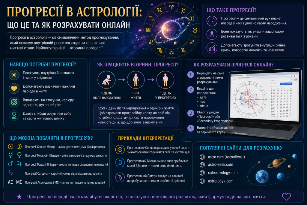 Інфографіка про прогресії в астрології, їх значення та онлайн-розрахунок