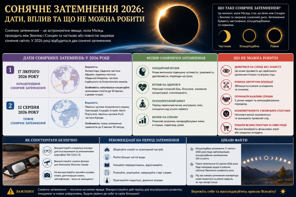 Інфографіка про сонячні затемнення 2026 року, їхні дати, вплив та правила безпечного спостереження.
