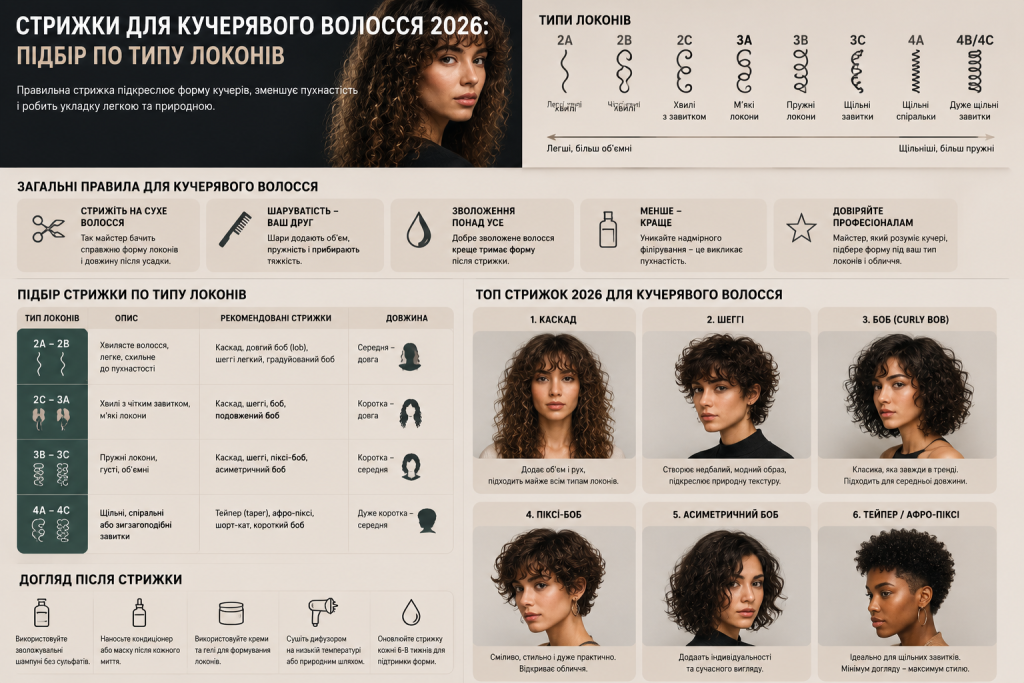 Інфографіка про стрижки для кучерявого волосся з класифікацією типів локонів від 2A до 4C, рекомендованими стрижками для кожного типу та топ-6 трендових варіантів 2026 року