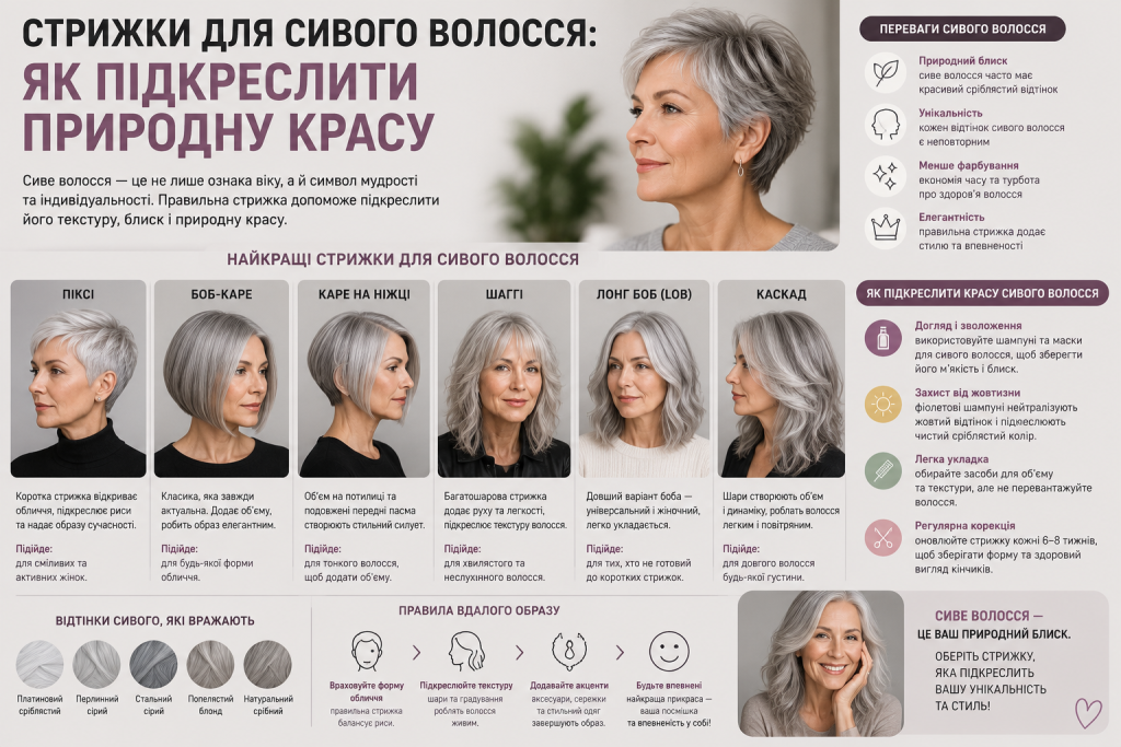 Інфографіка з популярними стрижками для сивого волосся та порадами щодо догляду