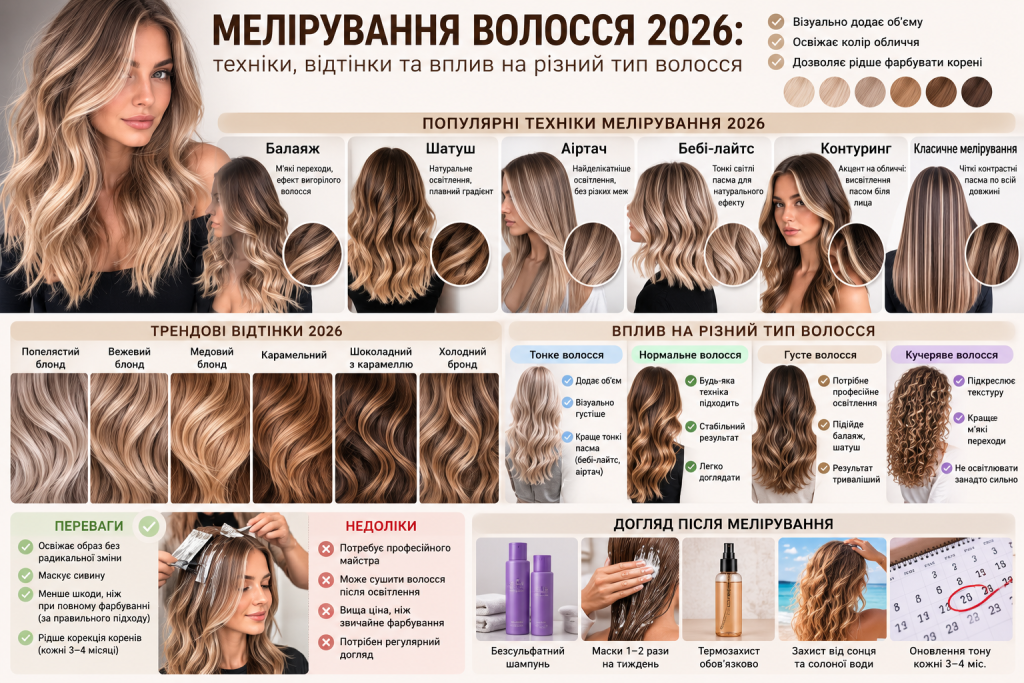 Інфографіка про мелірування волосся з описом шести популярних технік, трендових відтінків 2026 року, впливу на різні типи волосся та правил догляду після процедури
