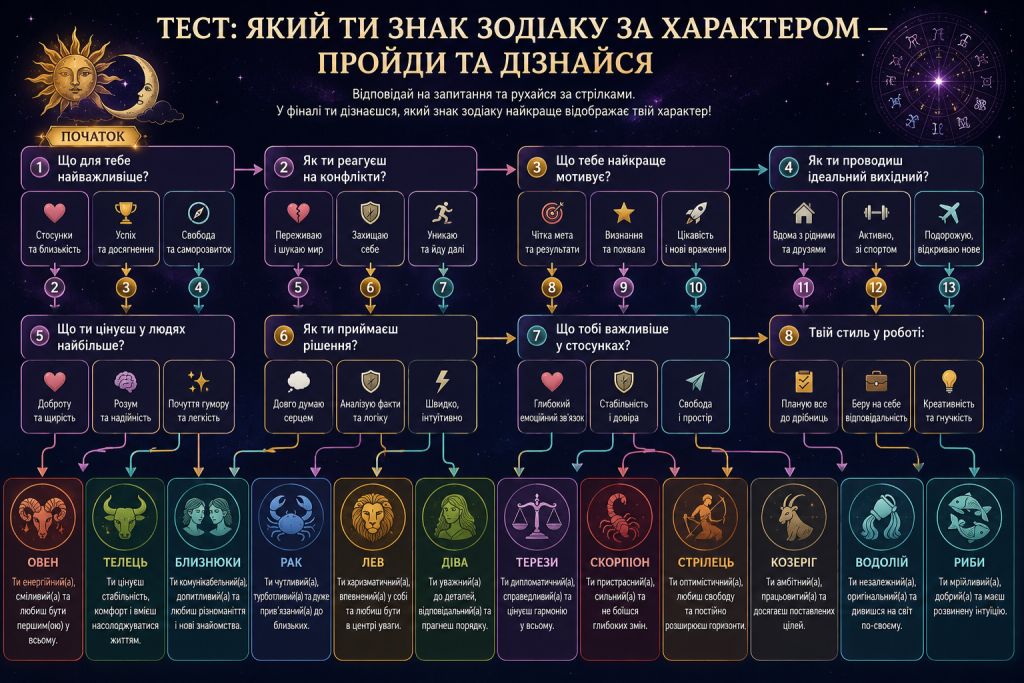 Інтерактивна інфографіка-тест для визначення знака зодіаку за характером