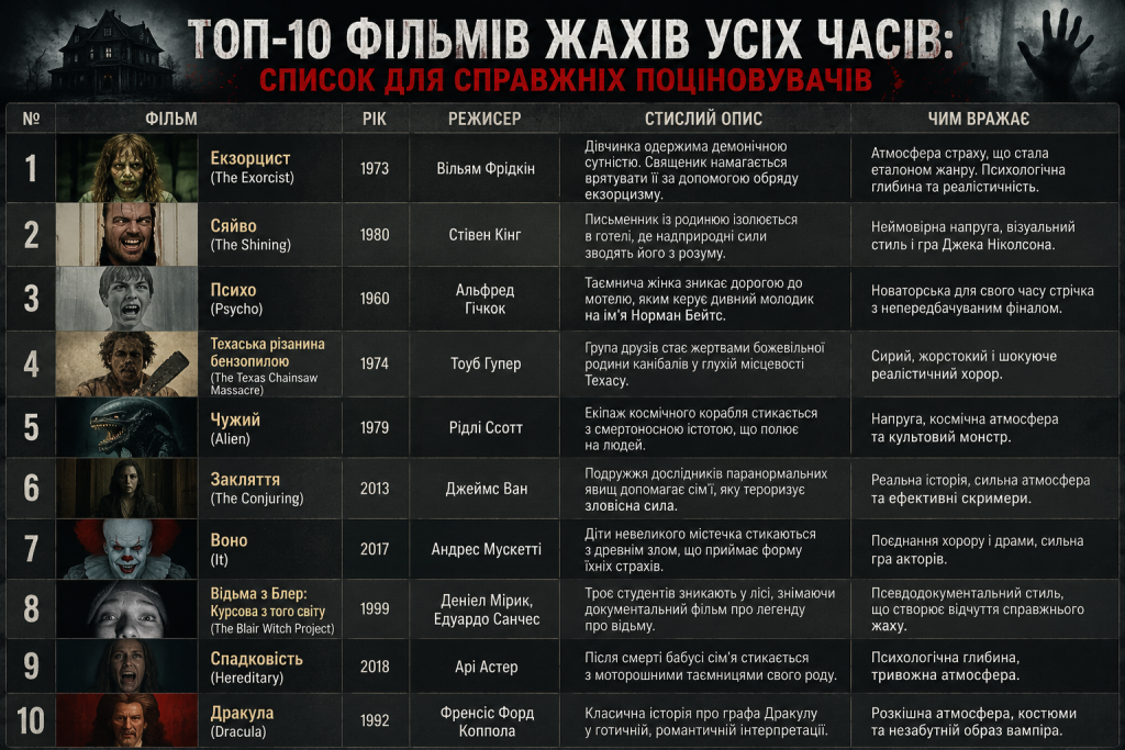 Інфографіка з добіркою десяти найкращих фільмів жахів усіх часів. Представлено роки виходу, режисерів, короткий опис сюжетів і головні особливості культових хорорів.