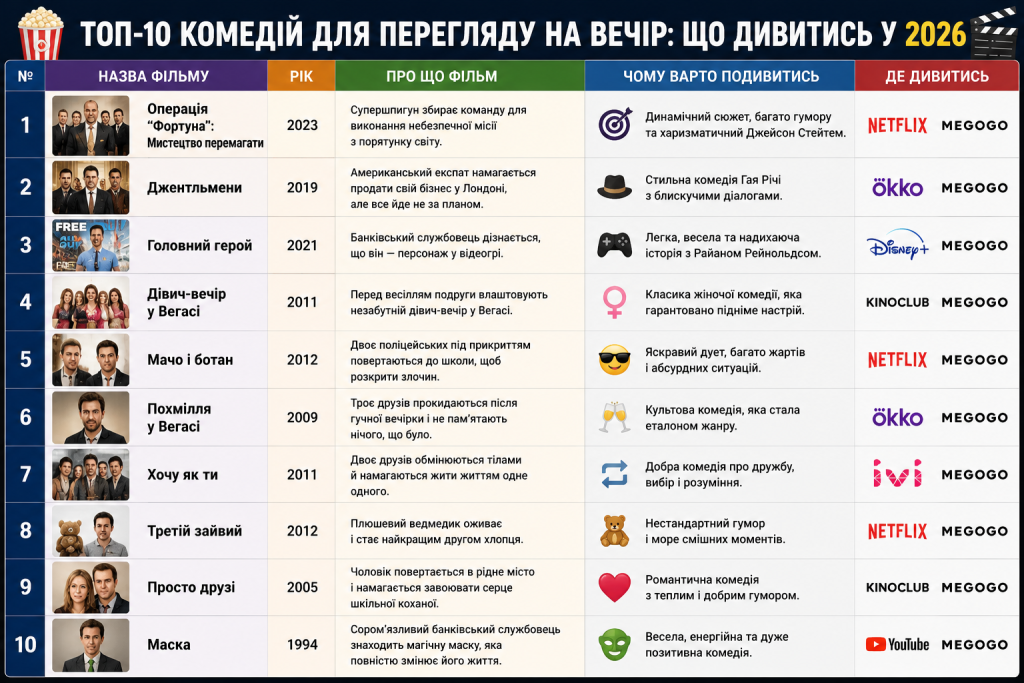 Рейтинг найкращих комедій для перегляду ввечері з описом та посиланнями на перегляд
