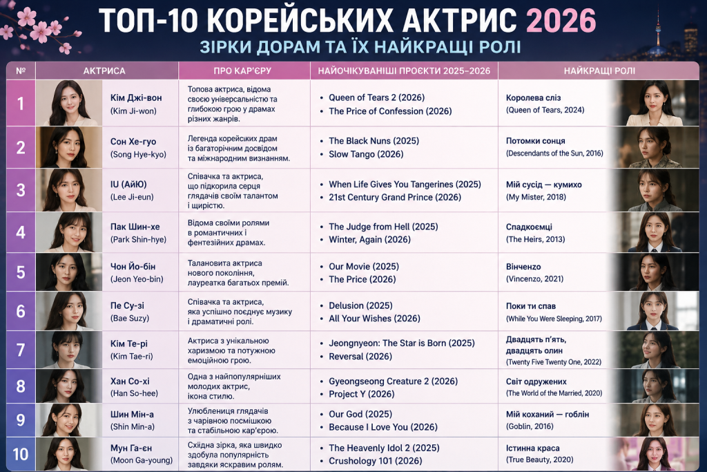 Інфографіка з рейтингом топ-10 корейських актрис, їхньою кар'єрою, очікуваними проєктами та найкращими ролями