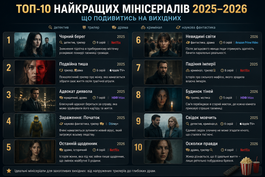 Інфографіка з рейтингом топ-10 мінісеріалів 2025-2026 років із жанрами, кількістю серій та платформами перегляду