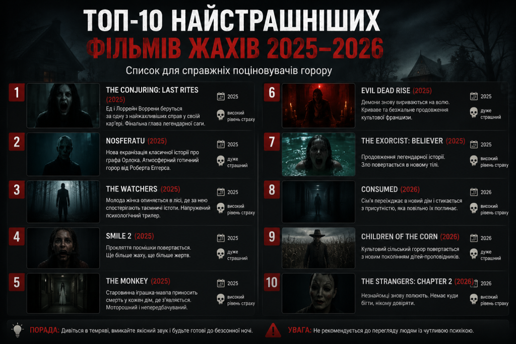 Інфографіка з рейтингом топ-10 фільмів жахів 2025-2026 років з описом сюжету та рівнем страху