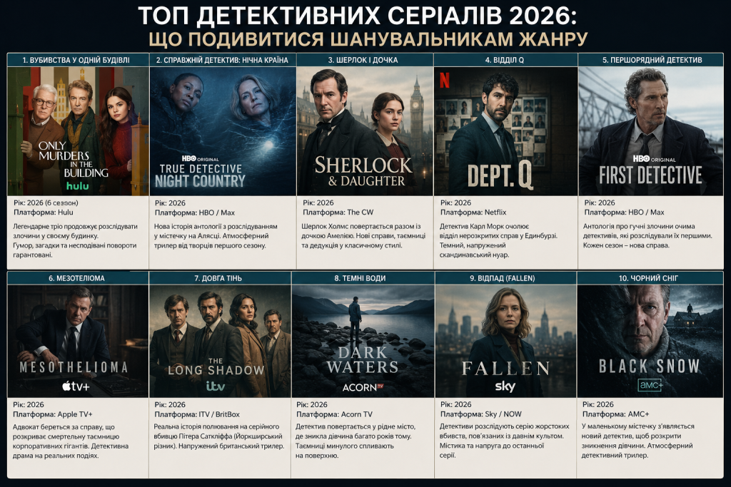 Інфографіка з добіркою найкращих детективних серіалів 2026 року та коротким описом кожного.