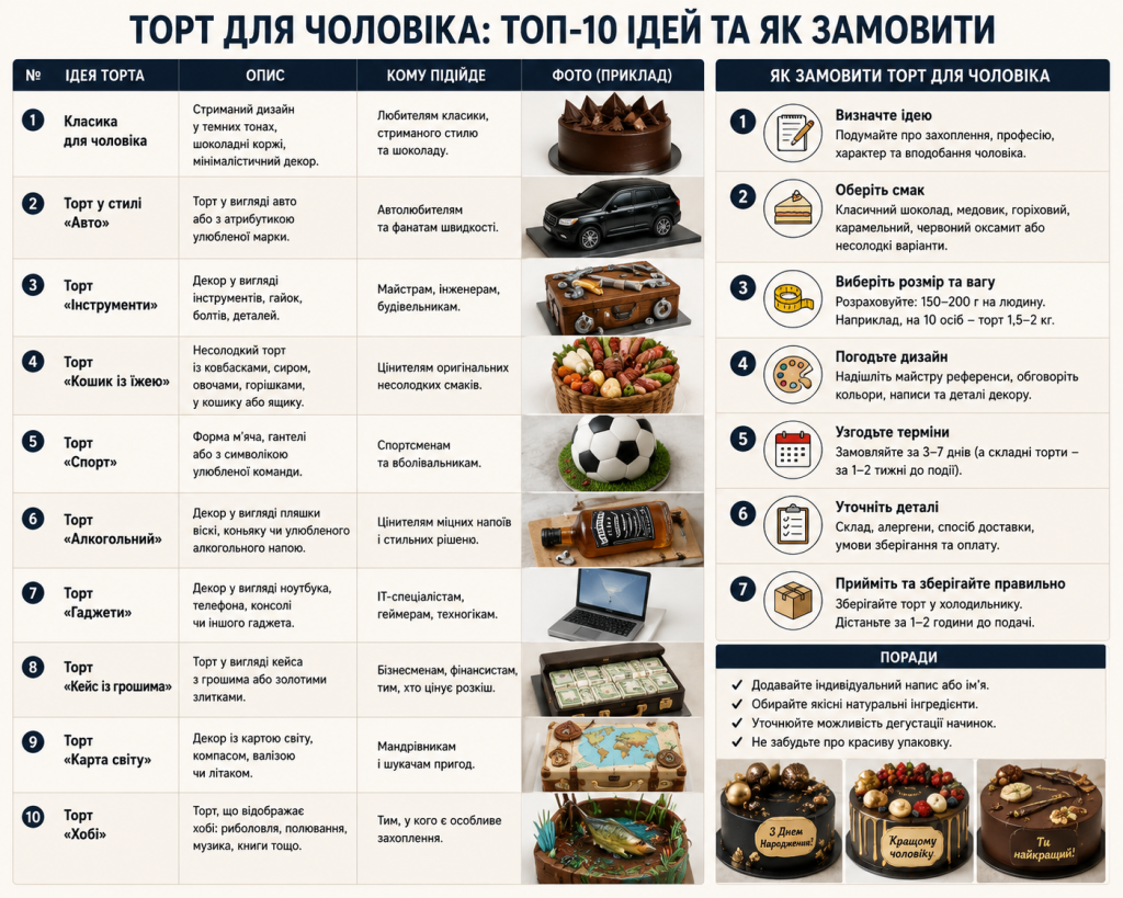 Інфографіка з популярними ідеями тортів для чоловіка, прикладами тематичного оформлення, рекомендаціями щодо вибору дизайну, смаку, ваги та корисними порадами для замовлення святкового торта.