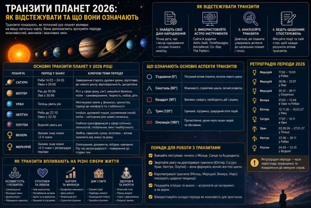 Інфографіка про транзити планет у 2026 році з таблицею основних транзитів, поясненням аспектів, ретроградних періодів та їх впливу на різні сфери життя