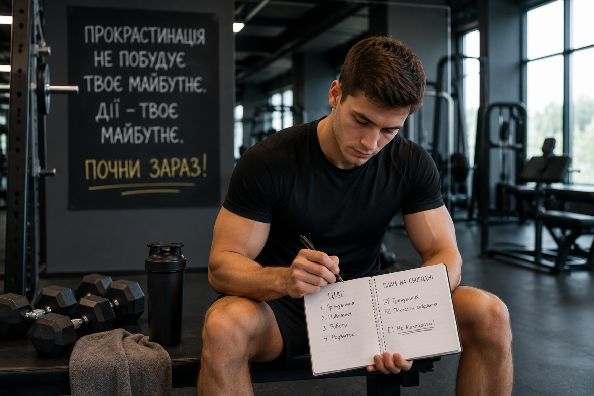 Чоловік записує план тренувань у блокнот на фоні мотиваційного плаката в спортзалі