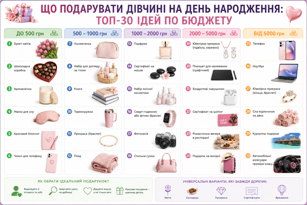 Інфографіка з 30 ідеями подарунків для дівчини на день народження, розподілених за бюджетом від 500 до понад 5000 гривень — від квітів і косметики до подорожей та ювелірних прикрас
